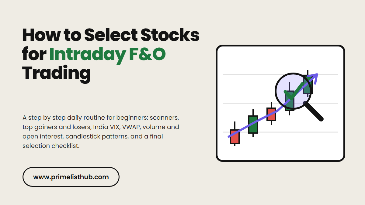 How to select stocks for intraday F&O trading: candlestick chart with a magnifier picking the best stock, on PrimeListHub